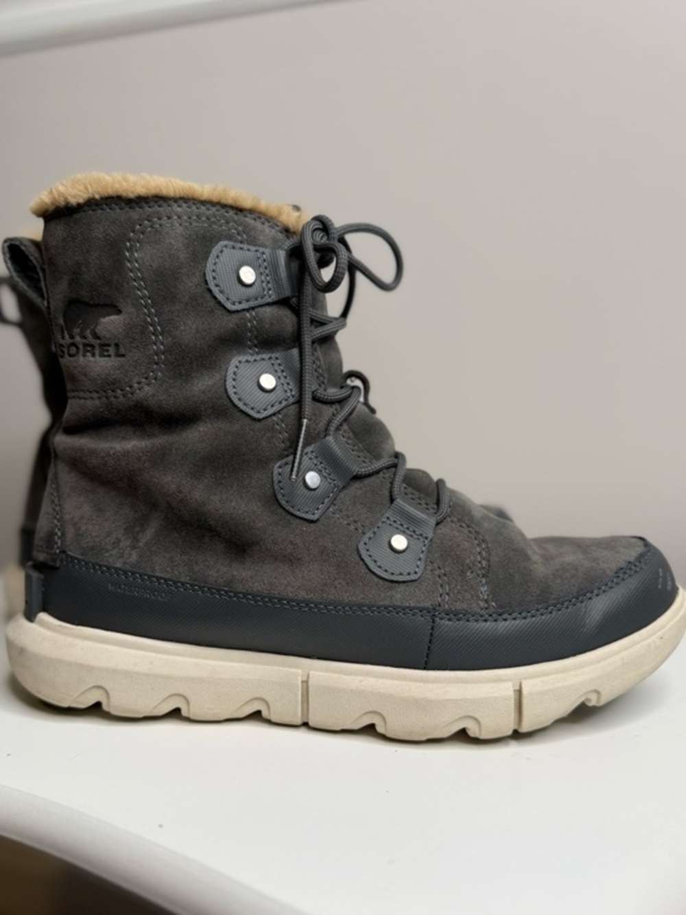 Sorel Gray Suede Lace-Up Boot with Faux Shearling Collar